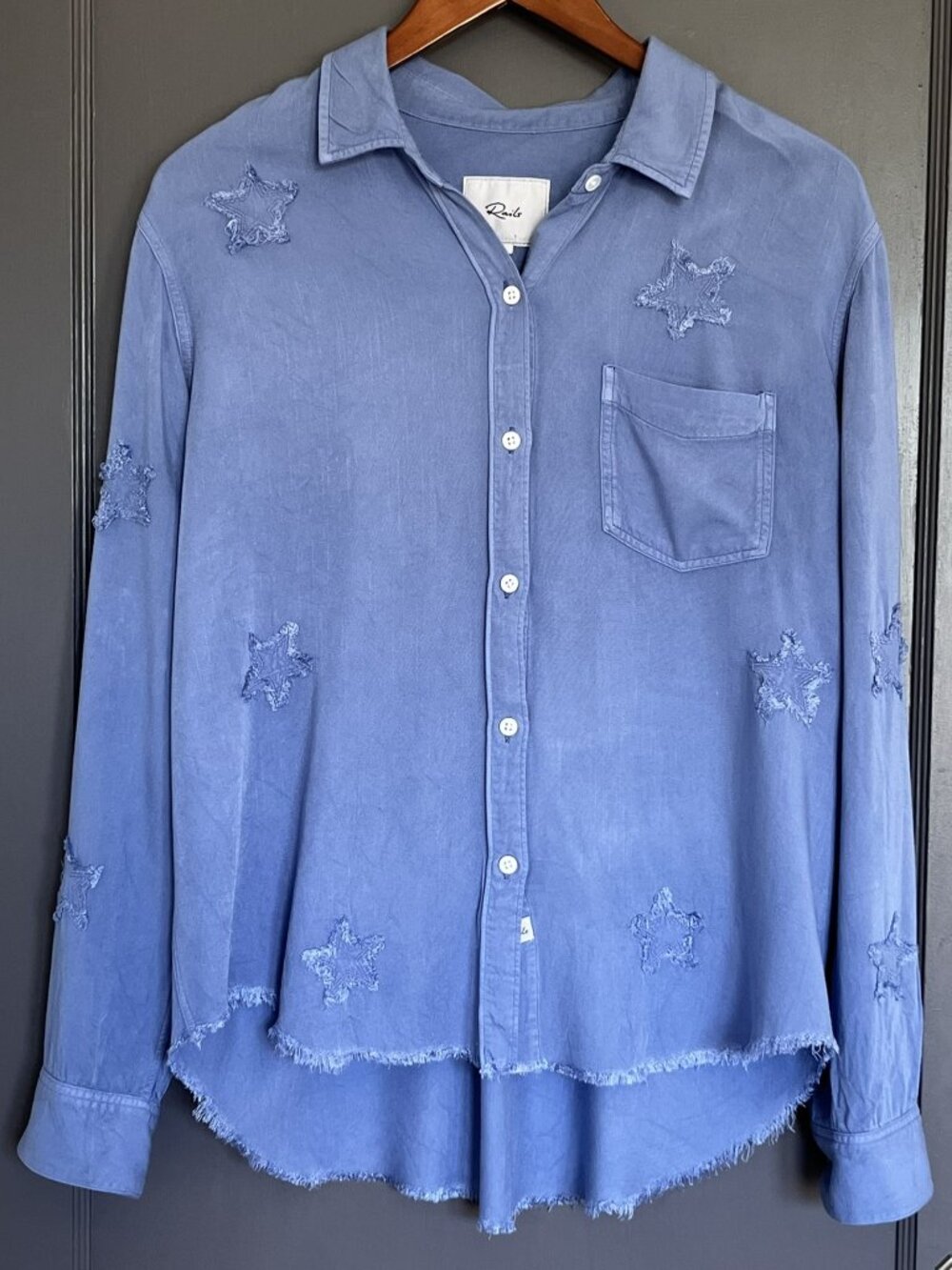 Rails Ingrid Raw French Military Stars Button Down Shirt Size Large Blue Fringe